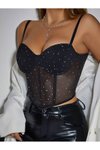 Siyah Taşlı Askılı Büstiyer Crop Top