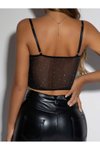 Siyah Taşlı Askılı Büstiyer Crop Top
