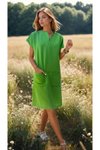 Yeşil Midi Yazlık Elbise Dokulu Cepli