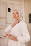 Beyaz Brode Desenli Tesettür Elbise