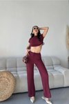 Bordo Gofre Kumaş Beli Lastikli Büzgülü Takım
