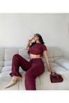 Bordo Gofre Kumaş Beli Lastikli Büzgülü Takım