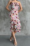Floral Patterned Viscose Spaghetti Strap Slit Midi Dress - Summer Women's Dress