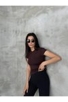 Kahverengi Modal Kumaş Bisklet Yaka T Shirt