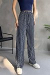 Lacivert Beyaz Çizgili Beli Lastikli Pantolon
