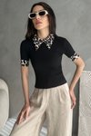 Leopar Desenli Fitilli Polo Yaka Siyah Kadın Bluz