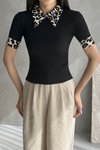 Leopar Desenli Fitilli Polo Yaka Siyah Kadın Bluz