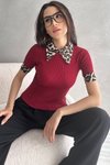 Leopar Desenli Polo Yaka Fitilli Bordo Bluz