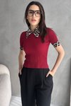 Leopar Desenli Polo Yaka Fitilli Bordo Bluz