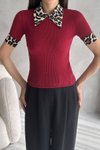 Leopar Desenli Polo Yaka Fitilli Bordo Bluz