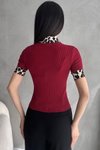 Leopar Desenli Polo Yaka Fitilli Bordo Bluz