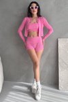 Pembe Kaşkorse Crop Hırka Şort Takım - Yazlık Üçlü Kadın Set