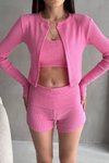 Pembe Kaşkorse Crop Hırka Şort Takım - Yazlık Üçlü Kadın Set