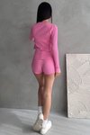 Pembe Kaşkorse Crop Hırka Şort Takım - Yazlık Üçlü Kadın Set