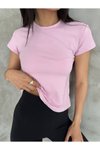 Pembe Modal Kumaş Bisklet Yaka T Shirt
