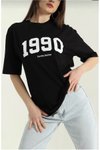 Siyah Bisiklet Yaka Baskılı Tişört