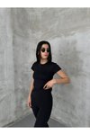 Siyah Modal Kumaş Bisklet Yaka T Shirt
