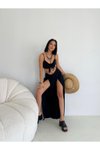 Siyah Viskon Yüksek Bel Ön Yırtmaçlı Crop Takım Kadın Yazlık İkili Set
