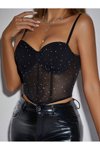 Siyah Parıltılı Korse Büstiyer Crop