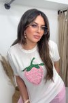 Beyaz Taşlı İncili Çilek Aplikeli Triko Bluz