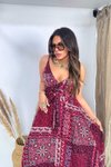 Bordo Desenli Bohem Maxi Elbise