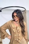 Camel Renk Çizgili Fırfırlı Kadın Gömlek