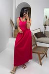 Fuşya Lastikli Büzgülü Yazlık Askılı Maxi Elbise