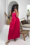 Fuşya Lastikli Büzgülü Yazlık Askılı Maxi Elbise