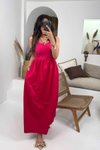 Fuşya Lastikli Büzgülü Yazlık Askılı Maxi Elbise