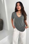 Haki Modal Kumaş V Yaka Tshirt Haki