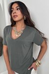 Haki Modal Kumaş V Yaka Tshirt Haki