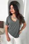 Haki Modal Kumaş V Yaka Tshirt Haki