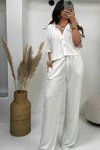 Kadın Ekru Keten Kısa Kollu Gömlek Pantolon Takımı
