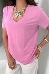 Pembe Modal Kumaş V Yaka Tshirt Pembe