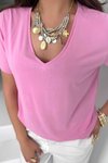 Pembe Modal Kumaş V Yaka Tshirt Pembe