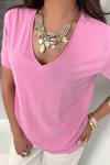 Pembe Modal Kumaş V Yaka Tshirt Pembe