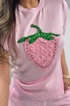 Pembe Taşlı İncili Çilek Aplikeli Triko Bluz