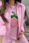 Pembe Taşlı İncili Çilek Aplikeli Triko Bluz
