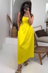 Sarı Büzgülü Elastik Askılı Yazlık Maxi Elbise