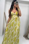 Sarı Taş Çiçek Desenli Viskon Maxi Elbise