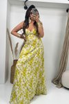 Sarı Taş Çiçek Desenli Viskon Maxi Elbise
