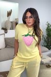 Sarı Taşlı İncili Çilek Aplikeli Triko Bluz