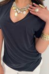 Siyah Modal Kumaş V Yaka Tshirt Siyah
