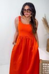Turuncu Büzgülü Lastikli Askılı Yazlık Maxi Elbise