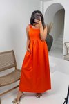Turuncu Büzgülü Lastikli Askılı Yazlık Maxi Elbise