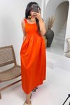 Turuncu Büzgülü Lastikli Askılı Yazlık Maxi Elbise
