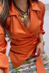 Turuncu Kruvaze Kapama Saten Gömlek