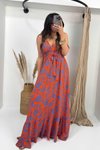 Orange Blue Patterned V-Neck Tie Waist Maxi Dress