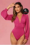 Pembe V Yaka Uzun Kollu Büzgü Detaylı Jarse Body