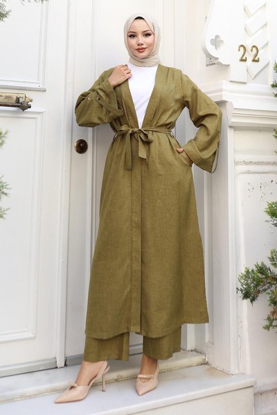 Haki Apolet Detaylı Kimono Takım